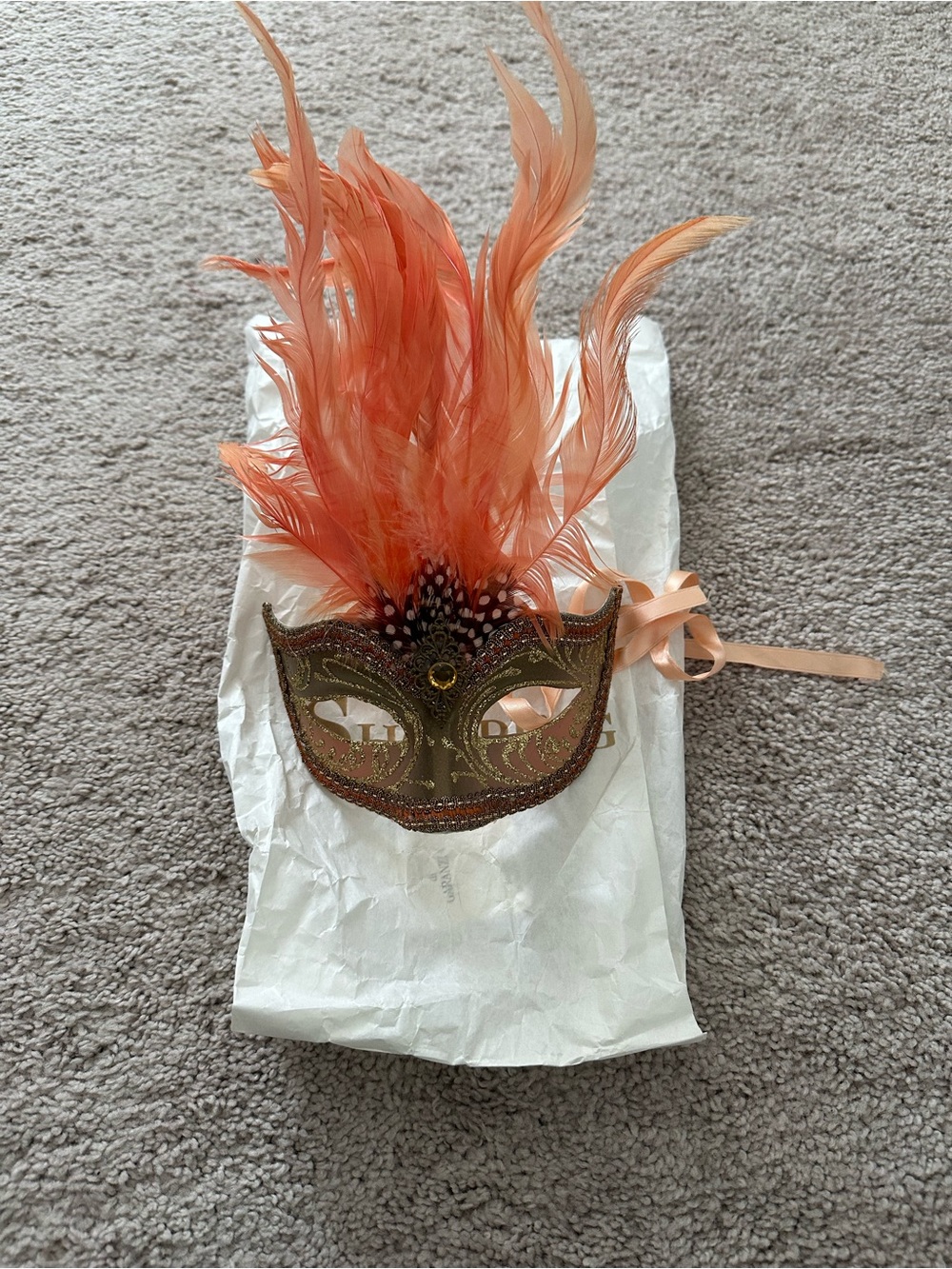 Feathered Venetian Masquerade Mask in Peach and Gold
